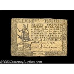 Virginia May 5, 1777 $8 Choice Very Fine.
