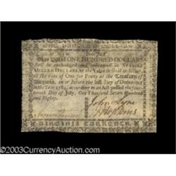 Virginia July 14, 1780 $100 Very Fine.