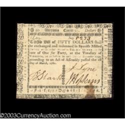 Virginia March 1, 1781 $50 Extremely Fine.