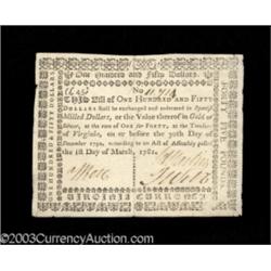 Virginia March 1, 1781 $150 About New.
