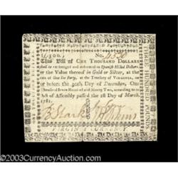 Virginia March 1, 1781 $1,000 Extremely Fine.