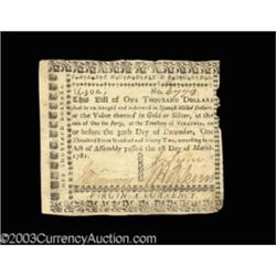 Virginia March 1, 1781 $1,000 Extremely Fine.
