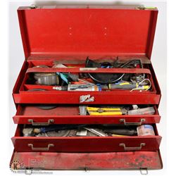 RED METAL TOOLBOX FULL OF TOOLS