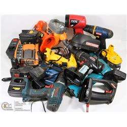 BOX OF ASSORTED POWER TOOLS INCL BATTERIES ETC