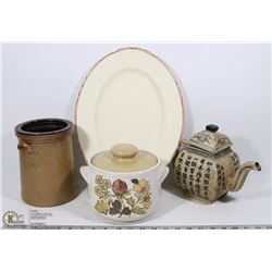 BOX W/ VINTAGE BEAN POT, VINTAGE TEA POT,