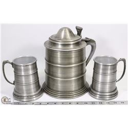 METAL STEIN LOOK PITCHER AND 2 MUGS