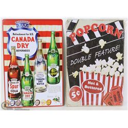 LOT OF 2 NEW 12"X8" TIN SIGNS - POPCORN & CANADA