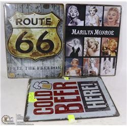 LOT OF THREE 12"X16" TIN SIGNS INCL MARILYN MONROE