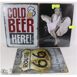 LOT OF THREE 12"X16" TIN SIGNS INCL MARILYN MONROE