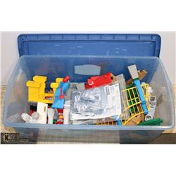 LARGE BLUE LIDDED BIN W/FISHER PRICE GEO