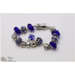 PANDORA STYLE BRACELET  W/ BLUE MURANO BEADS, AND