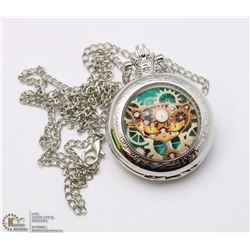 STEAM PUNK CAT POCKET WATCH SILVER TONE W/ CHAIN