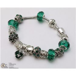 PANDORA STYLE BRACELET W/ GREEN MURANO BEADS, AND