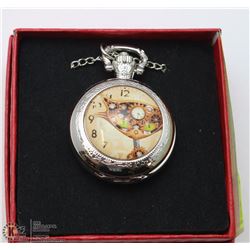 STEAM PUNK CAT POCKET WATCH SILVER TONE W/ CHAIN