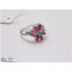 #84- RED RUBY ,EMERALD & CZ  GEMSTONE RING