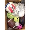 Image 1 : BOX OF ASSORTED BALLS, PUMP, SKI BINDINGS AND MORE