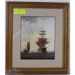 FRAMED MATTED PRINT OF TWO SHIPS ON THE SEA