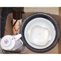 FLAT WITH LARGE METAL BOWLS AND COFFEE THERMOS