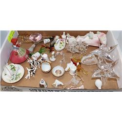 FLAT WITH ASSORTMENT OF GLASS FIGURES, CANDLE