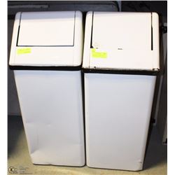 LOT OF 2 WHITE METAL GARBAGE CANS W/ SWINGING LIDS