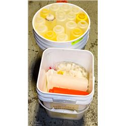 2 PAILS OF CONDIMENT BOTTLES +TAGS