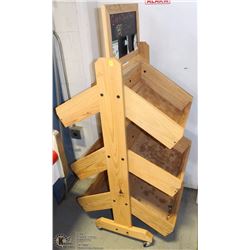 6-BASKET WOODEN PRODUCE/PRODUCT SHELF W/ SIGN