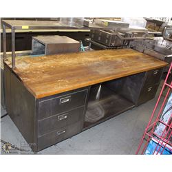 MAPLE TOP TABLE 8' LONG W/ 5 DRAWS AND OVER SHELF