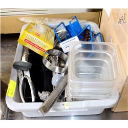 BUS TRAY FILLED WITH ASSORTED KITCHEN UTENSILS