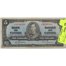 1937 CANADIAN $5.00 BILL