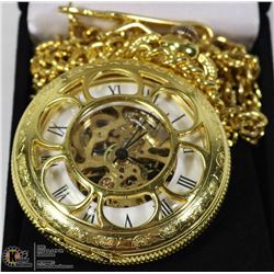 GOLD TONE SEE THROUGH POCKET WATCH WITH CHAIN