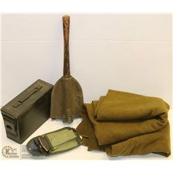 BOX OF VINTAGE MILITARY AMMO BOX, SHOVELS AND