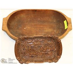 2 WOODEN BOWLS, ONE CARVED