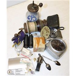 ESTATE BOX WITH VINTAGE SALT AND PEPPER GRINDERS,