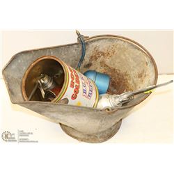 VINTAGE COAL SCUTTLE WITH ROGERS SUGAR TIN AND