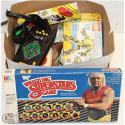 BOX OF ASSORTED VINTAGE TOYS , GAMES & MORE
