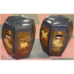 LARGE CERAMIC CARVED STYLE STOOLS X2