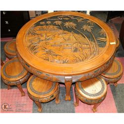 VINTAGE TEAK HAND CARVED COFFEE TABLE WITH 6