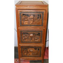VINTAGE TEAK AND CARVED FILING CABINET