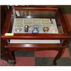 ESTATE WOOD END TABLE DISPLAY CASE WITH CONTENTS