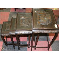 VINTAGE WOOD CARVED 4 PC NESTNG TABLE SET