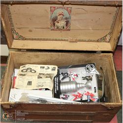 ANTIQUE TRUNK FILLED WITH ASSORTED RACE CAR TRACK