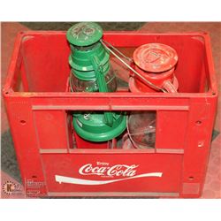 PLASTIC COKE CRATE WITH RED AND WHITE BARN LANTERN