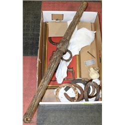 6 HORSESHOES, LEATHER BAG OF SHOT PELLETS & OLD