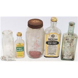 BOX OF MEDICINE BOTTLES, PINT CREAM BOTTLE CANNING