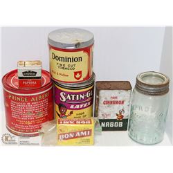 6 COLLECTIBLE CANS, SEALER JAR (IMPROVED CROWN)