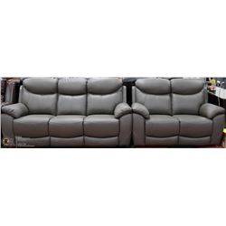 NEW GENUINE GREY LEATHER RECLINING LOVE SEAT AND