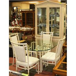 METAL AND GLASS TABLE WITH 4 SIDECHAIRS, BUFFET