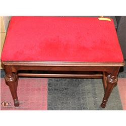 WOOD AND RED FABRIC PIANO BENCH