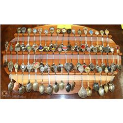 50PC SPOON COLLECTION ON WOOD WALL HANGING STAND