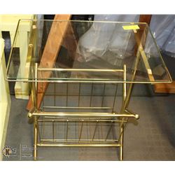 BRASS TONE AND GLASS MAGAZINE RACK